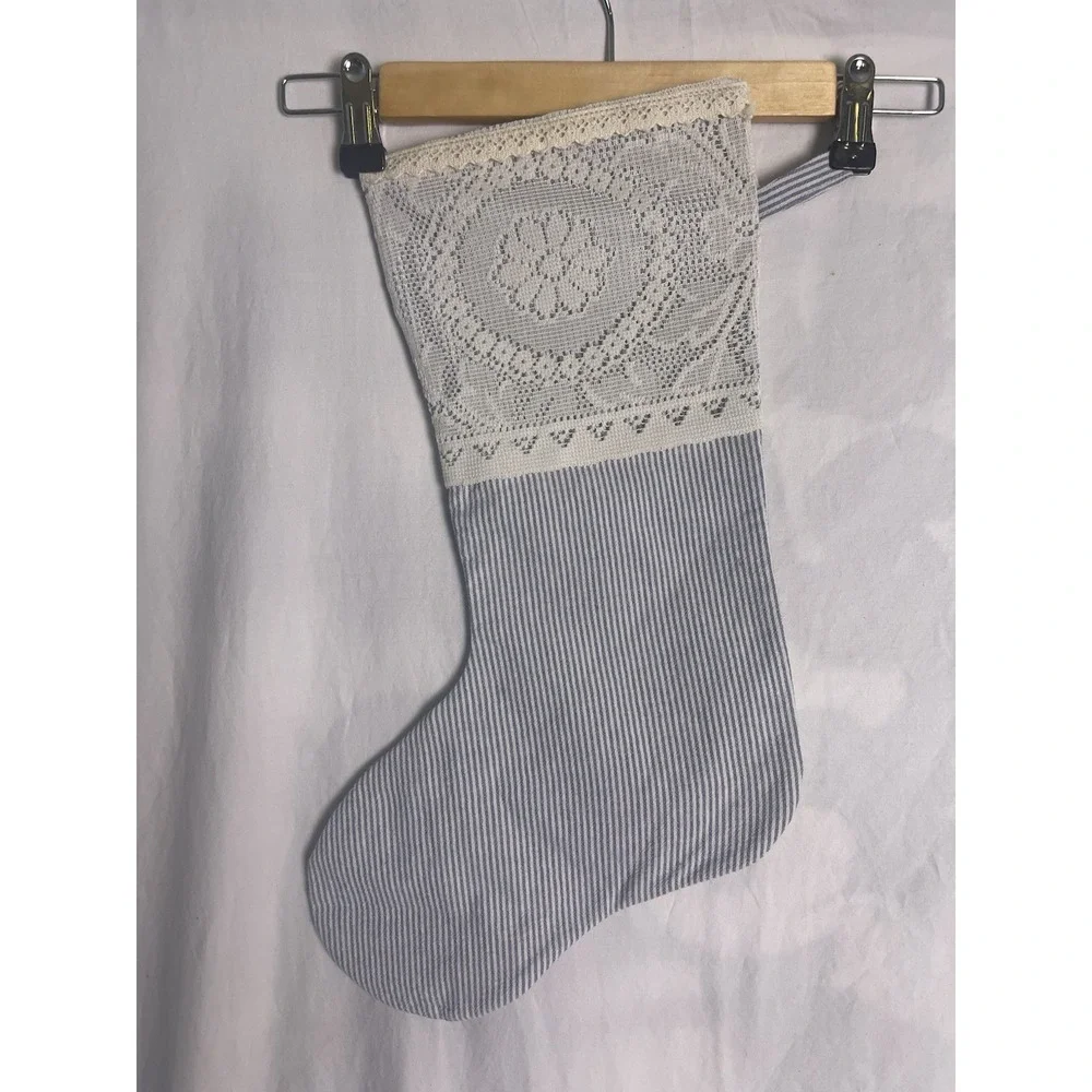 Handmade linen blend blue striped lace VTG style cuff Christmas stocking